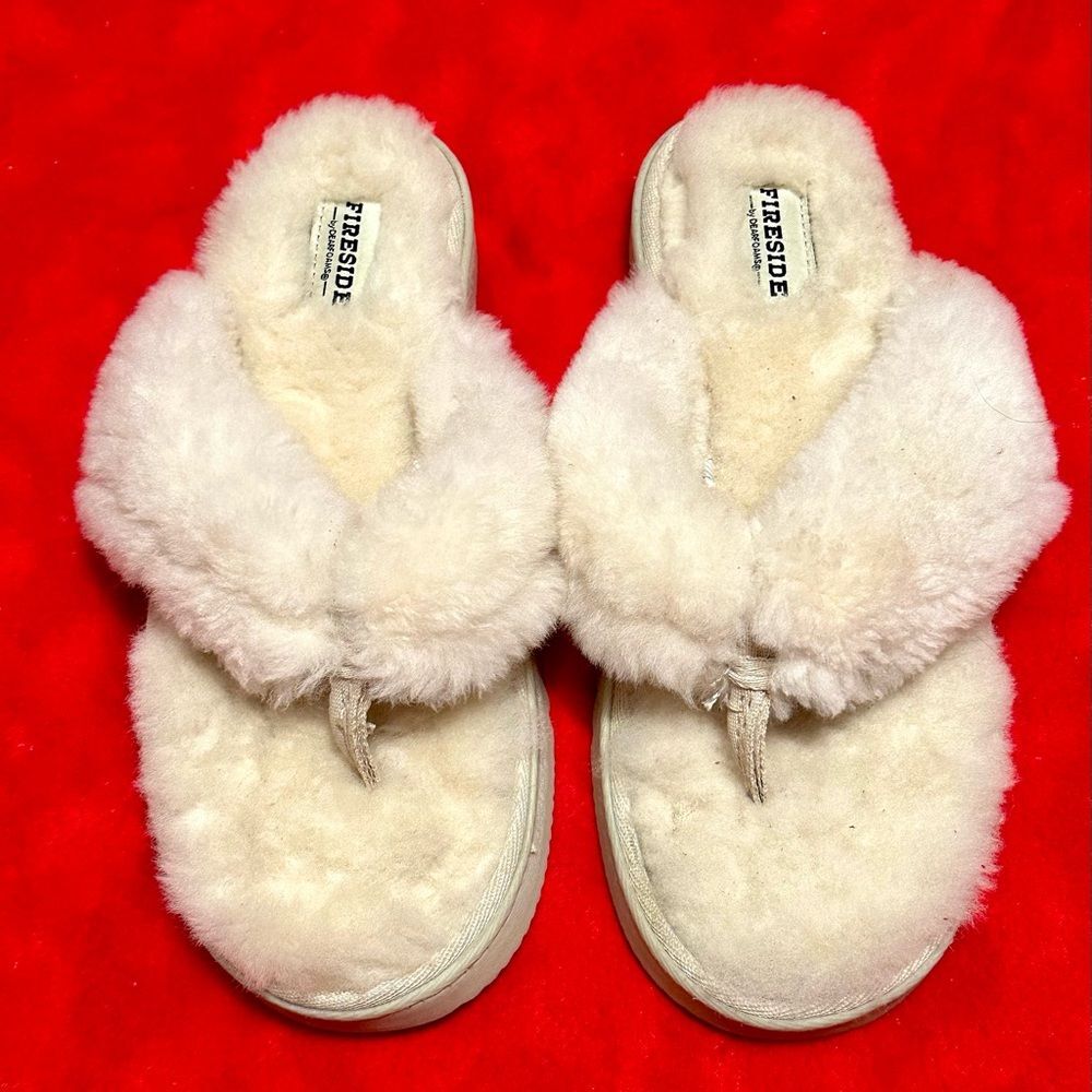 Fireside Dearfoams Fur Furry Sandals Thongs Slip Ons Slides Cream Beige 10